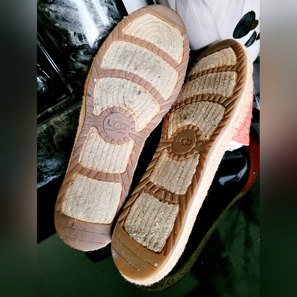 UGG Cherry Exotic Genuine Leather/Jute Espadrille Flat Slide Sandals Salmon 10 - Picture 15 of 16